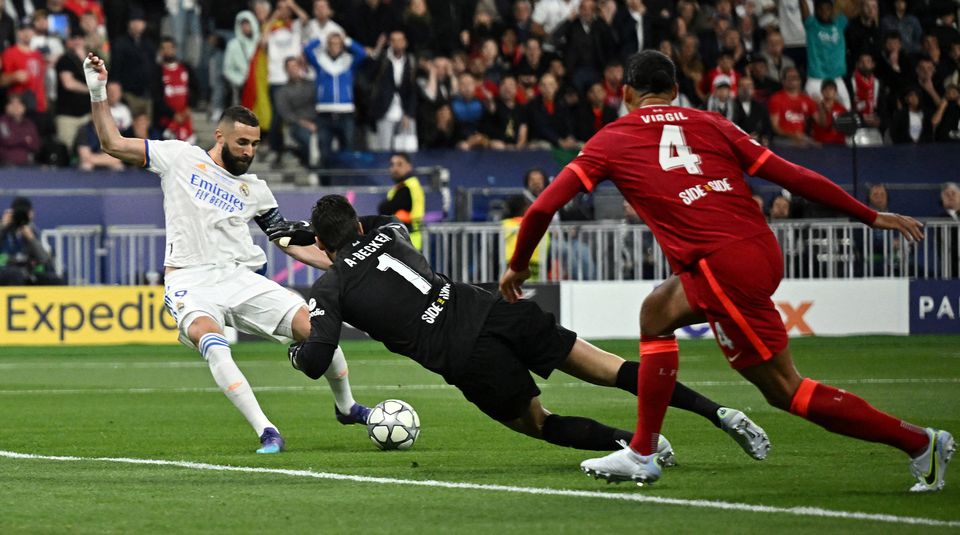 Soccer Football - Champions League Final - Liverpool v Real Madrid - Stade de France, Saint-Denis near Paris, France - May 28, 2022 Real Madrid's Karim Benzema scores their first goal before it is disallowed after a VAR review. Photo: Reuters