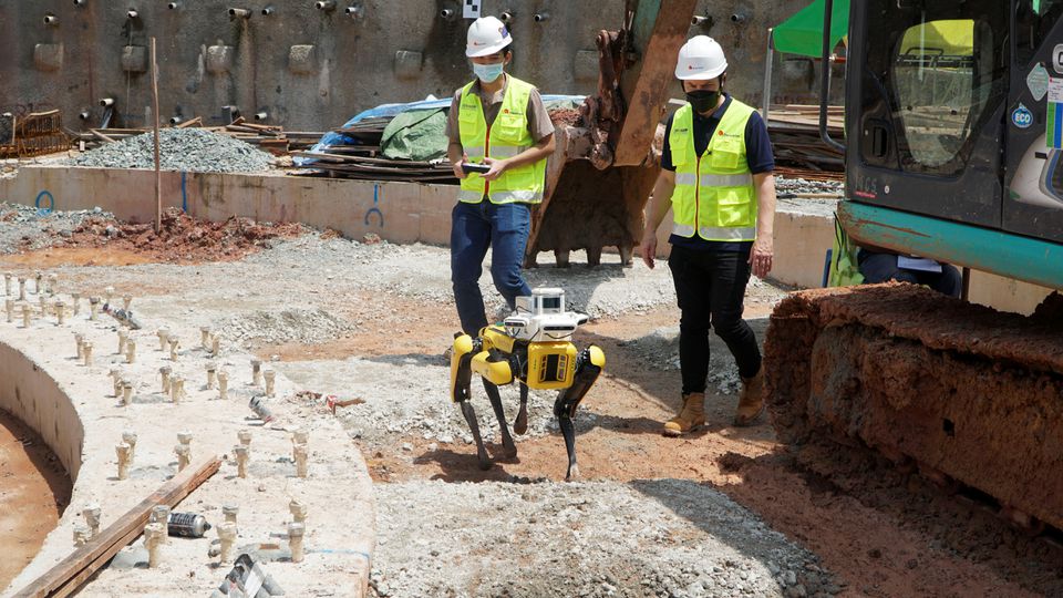 Robot dog, made by Hyundai-owned Boston Dynamics, is used by the Gammon Construction Ltd to run autonomous survey of their worksite, on Sentosa Island, Singapore, April 22, 2022. Photo: Reuters