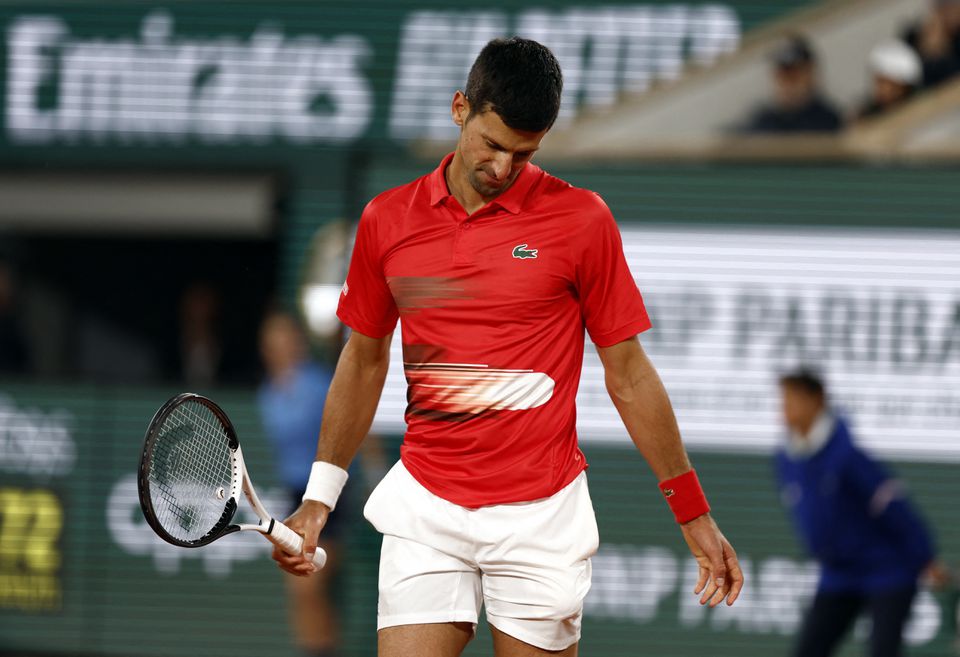Tennis - French Open - Roland Garros, Paris, France - June 1, 2022 Serbia's Novak Djokovic reacts during his quarter final match against Spain's Rafael Nadal. Photo: Reuters