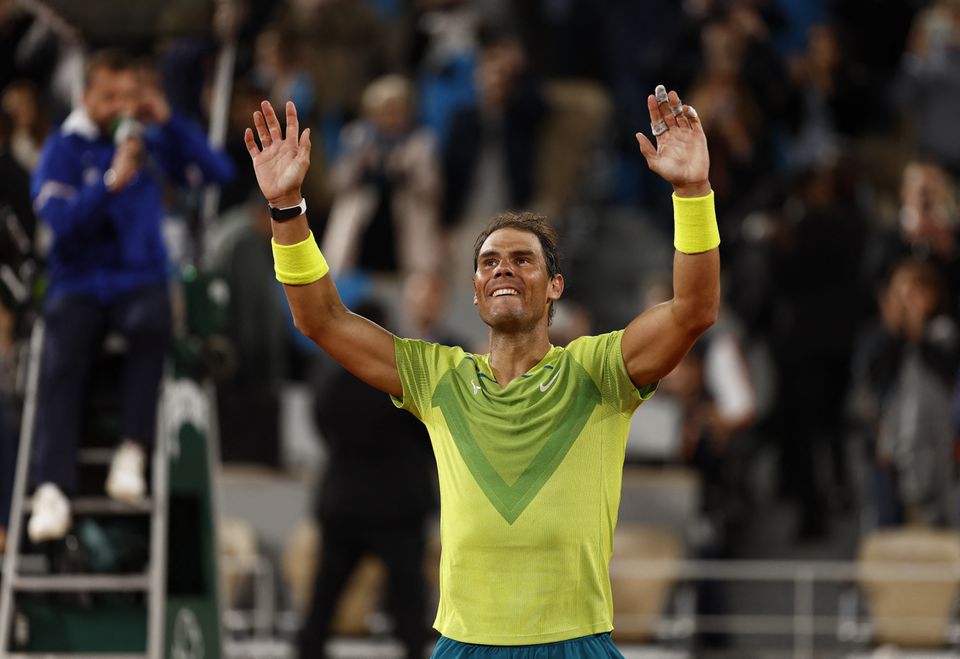 Tennis - French Open - Roland Garros, Paris, France - June 1, 2022 Spain's Rafael Nadal celebrates winning his quarter final match against Serbia's Novak Djokovic. Photo: Reuters