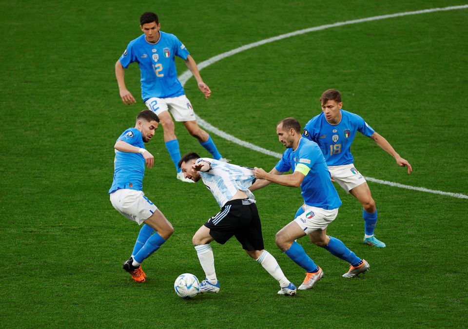 Soccer Football - Finalissima - Italy v Argentina - Wembley Stadium, London, Britain - June 1, 2022 Argentina's Lionel Messi in action with Italy's Giorgio Chiellini. Photo: Reuters