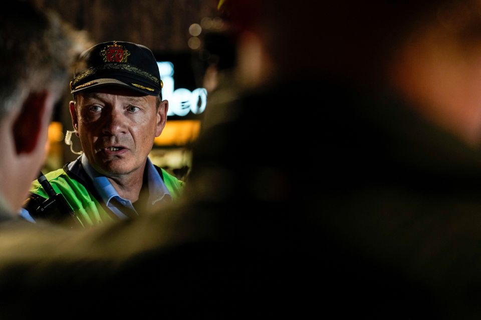 Task leader Tore Barstad speaks at the site where several people were injured during a shooting outside the London pub in central Oslo, Norway June 25, 2022. Javad Parsa/NTB/via Reuters