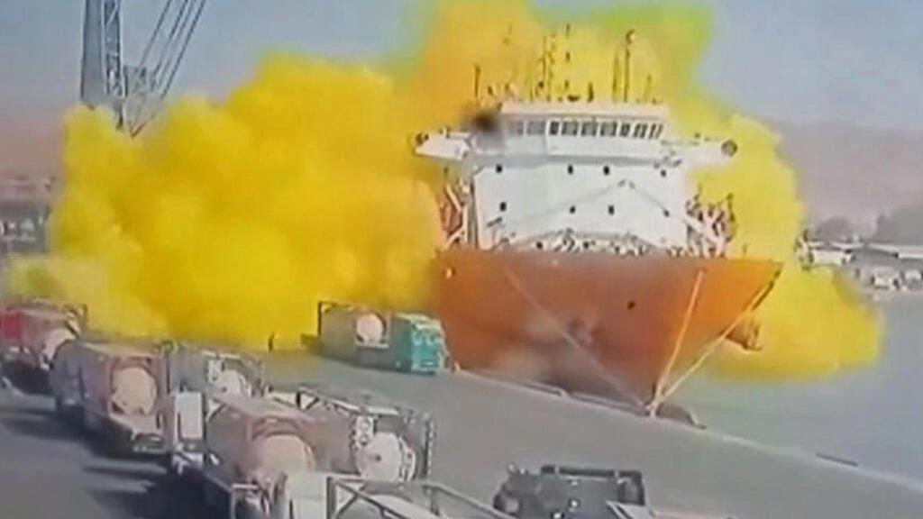 Footage on Jordan state TV showed a large cylinder plunging from a crane on a moored vessel, causing a violent explosion of yellow gas in Jordan's Aqaba port. Photo: AFP