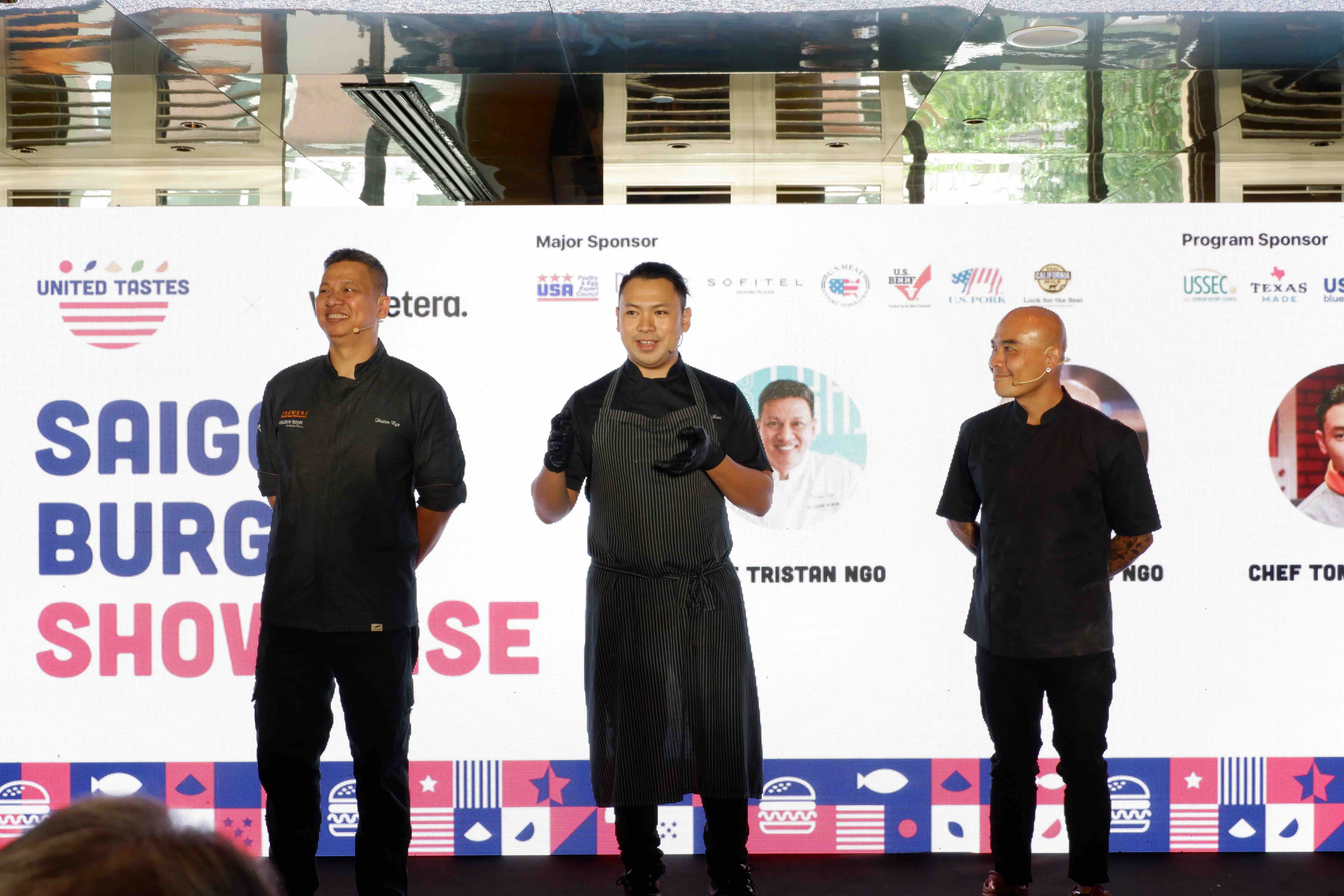 From the left, chef Tristan Ngo, chef Tommy Tran and chef Harold Tran make a speech at the Saigon Burger Showcase at Sofitel Plaza in District 1, Ho Chi Minh City. Photo: Linh To / Tuoi Tre News