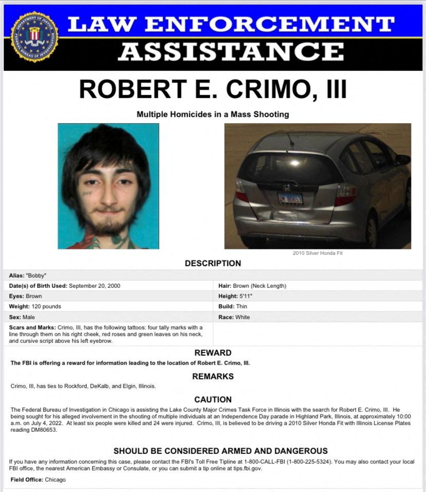 Robert (Bob) E. Crimo III, a person of interest in the mass shooting that took place at a Fourth of July parade route in the wealthy Chicago suburb of Highland Park, Illinois, U.S. is seen in this wanted poster released July 4, 2022. Lake County Sheriff's Office/Handout via Reuters