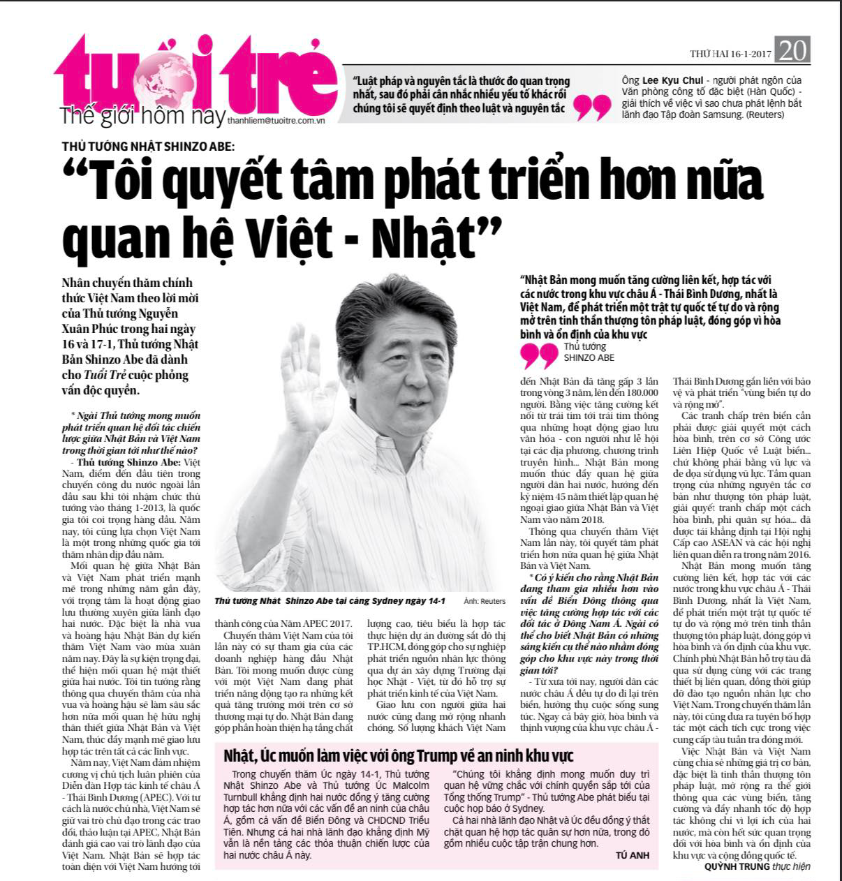 An interview with Japanese Prime Minister Shinzo Abe is published on Tuoi Tre Daily on January 16, 2017. File photo: Tuoi Tre