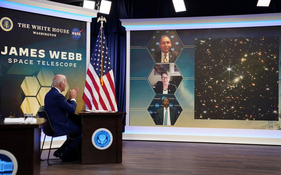 U.S. President Joe Biden applauds upon seeing the first images from the Webb Space Telescope during a briefing from National Aeronautics and Space Administration (NASA) officials at the White House in Washington, U.S., July 11, 2022. Photo: Reuters