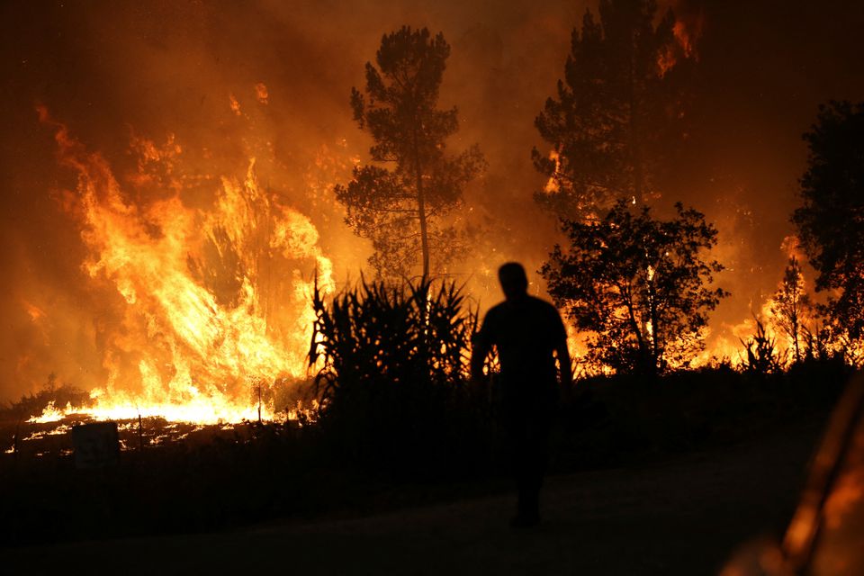 A person walks near a wild fire Ourem, Santarem district, Portugal July 12, 2022. Photo: Reuters
