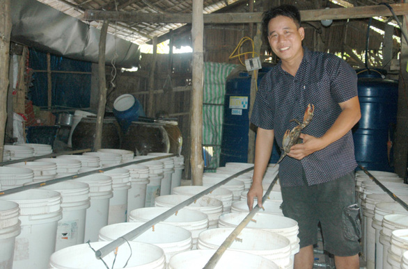 Vietnamese elementary teacher farms crabs in plastic buckets