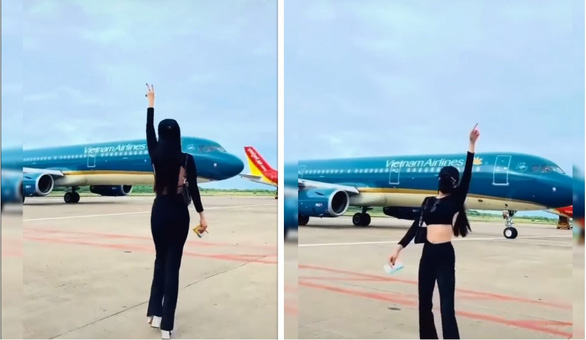 This screenshot from a TikTok video shows a woman dancing and posing for social media content on the apron while a plane was moving nearby at Phu Quoc International Airport off Kien Giang Province, Vietnam.