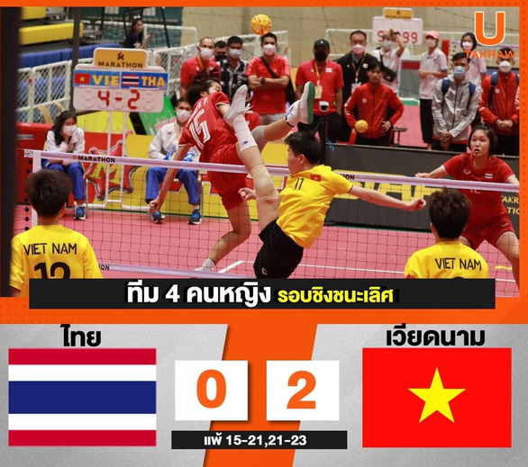 Vietnam (in yellow) play Thailand in the final of women’s quadrant event at the 2022 King’s Cup Sepaktakraw World Championship in Bangkok, Thailand on July 27, 2022. Photo: Thanh Son / Tuoi Tre
