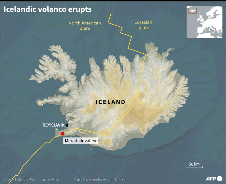 Map of Iceland locating the Meradalir valley where a volcano erupted in a fissure near the capital Reykjavik, on August 3. Photo: AFP