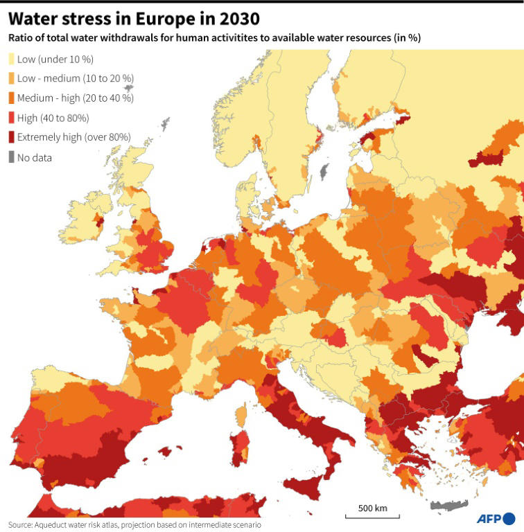 Water stress in Europe in 2030. Photo: AFP