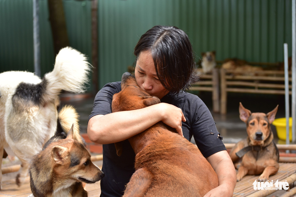 Huynh Thi Nhu Quyen plays with the cats and dogs at her rescue center in Cu Chi District, Ho Chi Minh City, Vietnam. Photo: Ngoc Phuong / Tuoi Tre