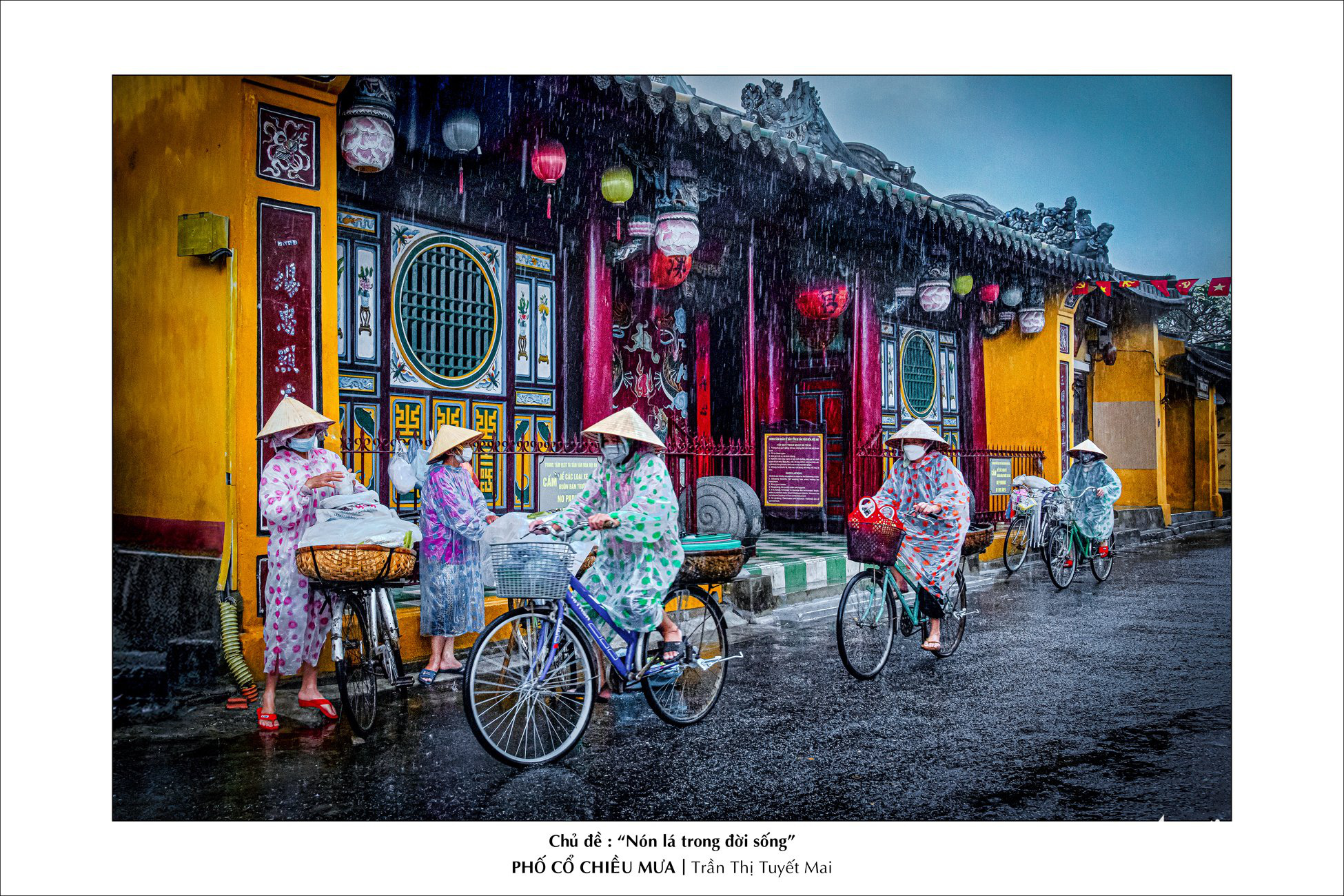 Women wearing ‘non la’ ride bicycles in Hoi An Ancient Town in Quang Nam Province in this photo on display at the Ho Chi Minh City Photography Association (HOPA) headquarters.
