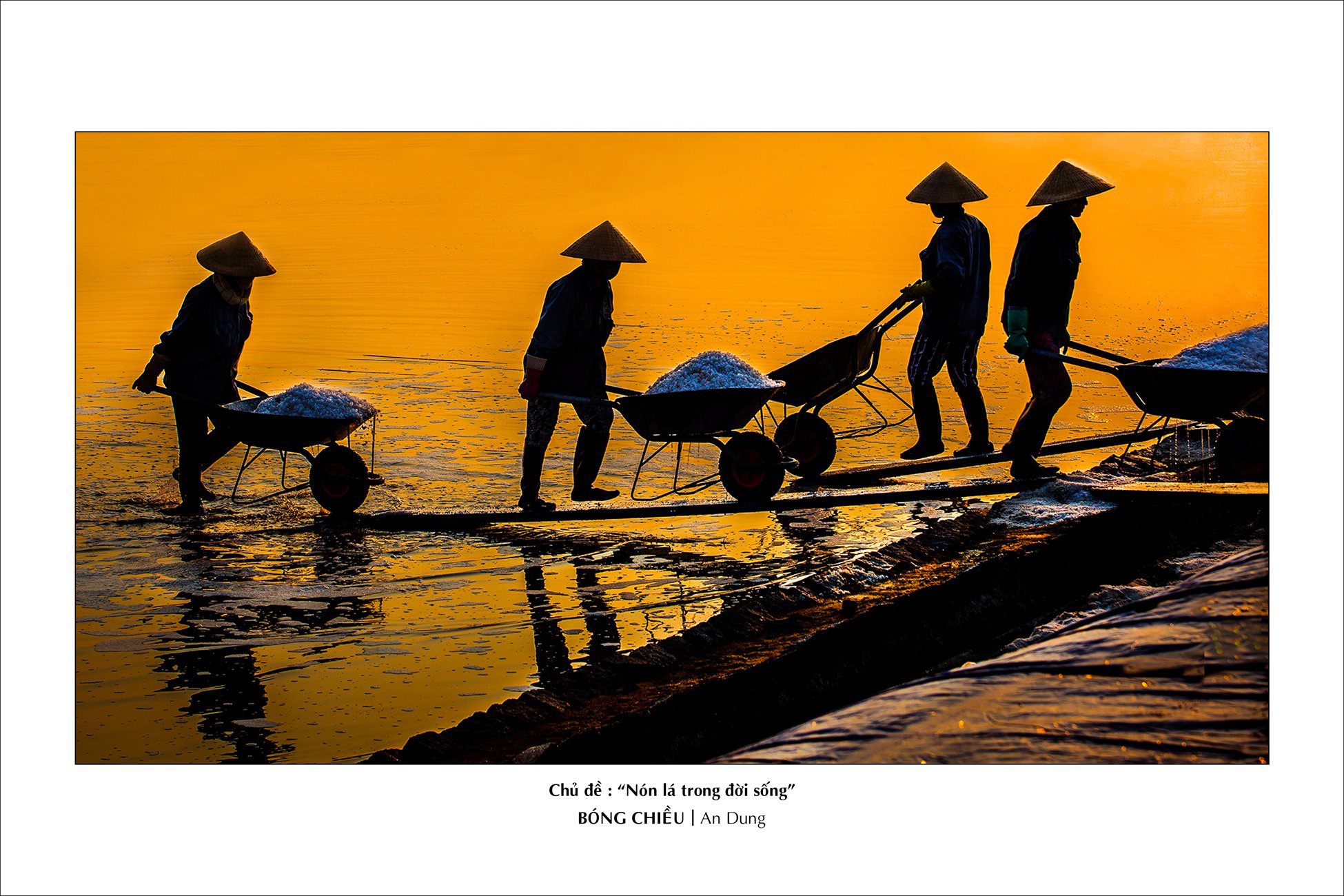 Women wearing ‘non la’ collect salt in this photo on display at the Ho Chi Minh City Photography Association (HOPA) headquarters.