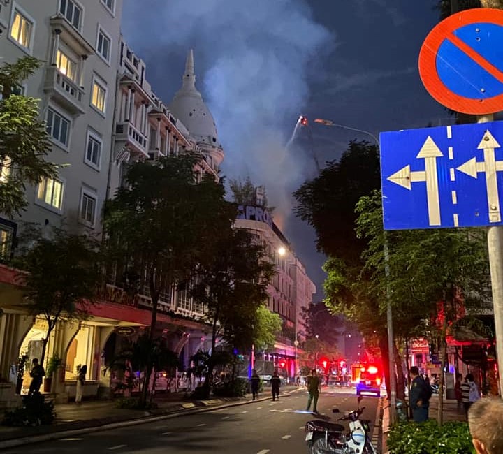 Fire trucks are pictured at the scene of a fire in the Seaprodex building in District 1, Ho Chi Minh City, August 13, 2022. Photo: Thanh Nghia / Tuoi Tre
