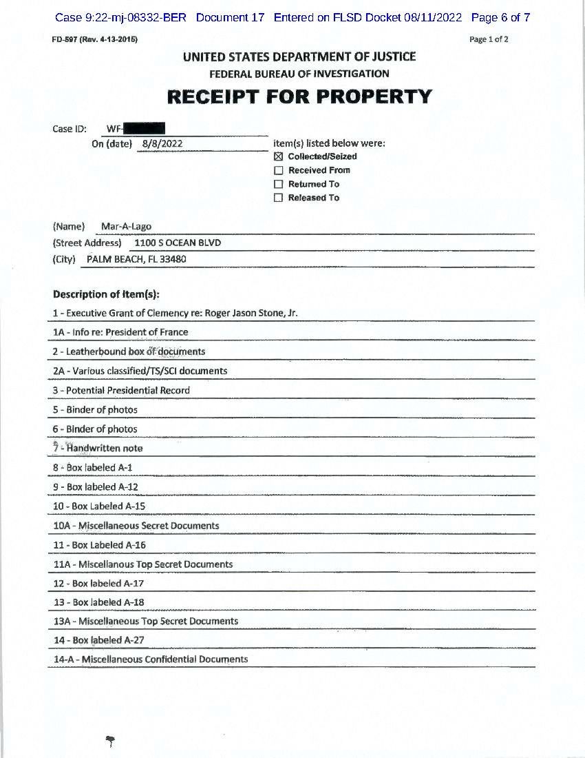 An itemized receipt and list of property seized in the execution of a search warrant by the FBI at former President Donald Trump's Mar-a-Lago estate is seen after being released by the U.S. District Court for the Southern District of Florida in West Palm Beach, Florida, U.S. August 12, 2022. U.S. District Court/Handout via Reuters