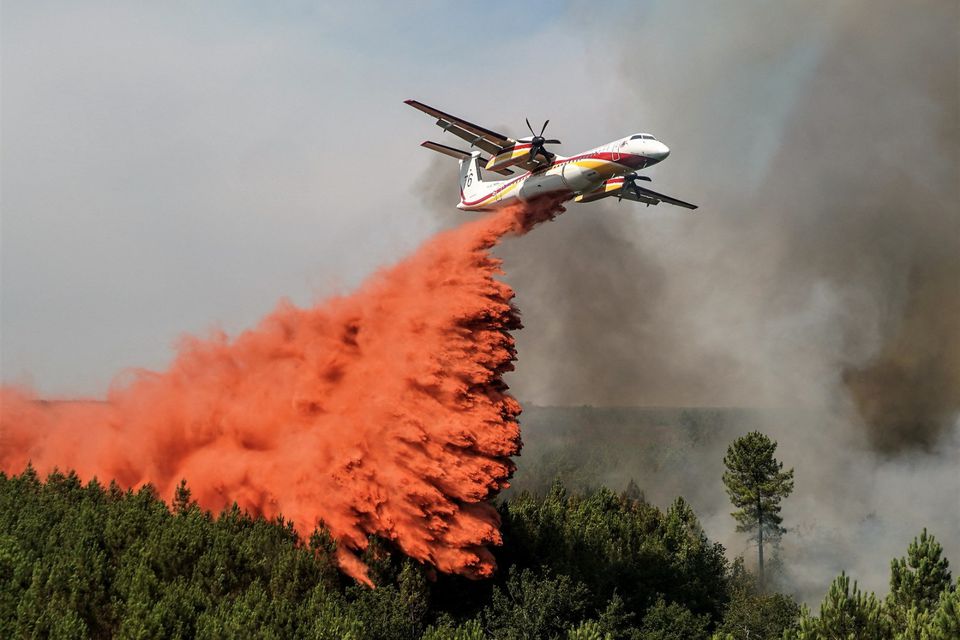 A firefighting aircraft drops flame retardant to extinguish a wildfire near Hostens, as wildfires continue to spread in the Gironde region of southwestern France, in this handout photograph released on August 12, 2022. Courtesy SDIS 33/Handout via Reuters