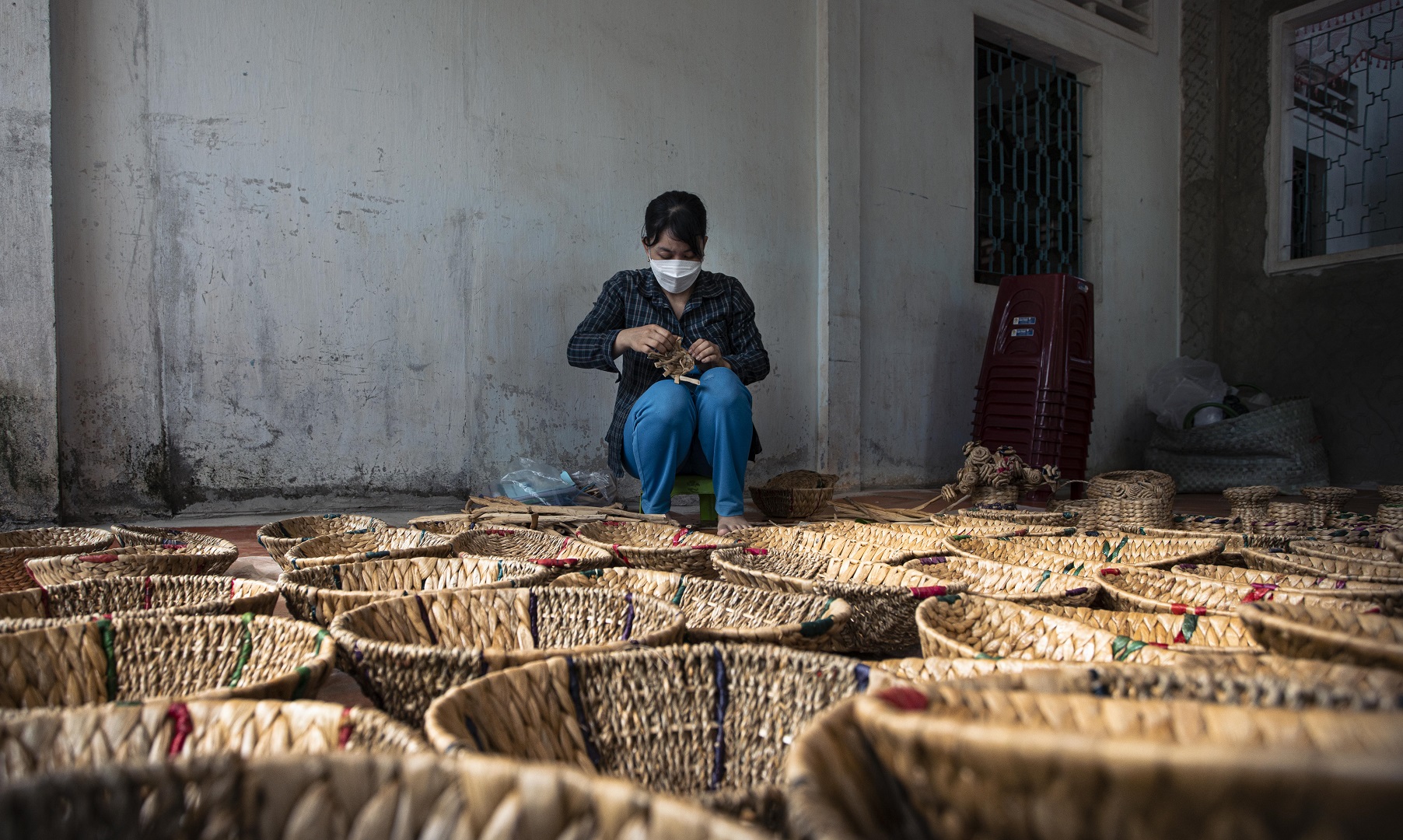 Dried water hyacinth is used to make baskets. Photo: Nguyen Trung Au / Tuoi Tre News