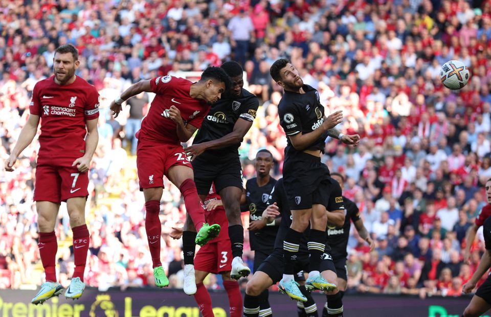 Soccer Football - Premier League - Liverpool v AFC Bournemouth - Anfield, Liverpool, Britain - August 27, 2022 Liverpool's Luis Diaz scores their ninth goal. Photo: Reuters