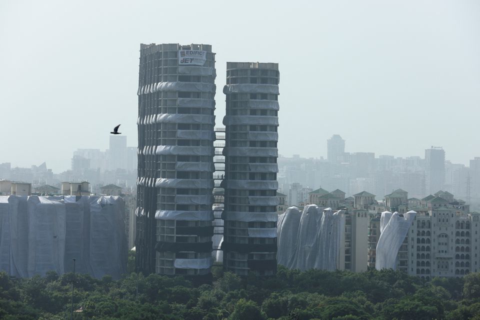 A view of Supertech Twin Towers ahead of its scheduled demolition by controlled explosion after the Supreme Court found them in violation of building norms, in Noida, India, August 28, 2022. Photo: Reuters