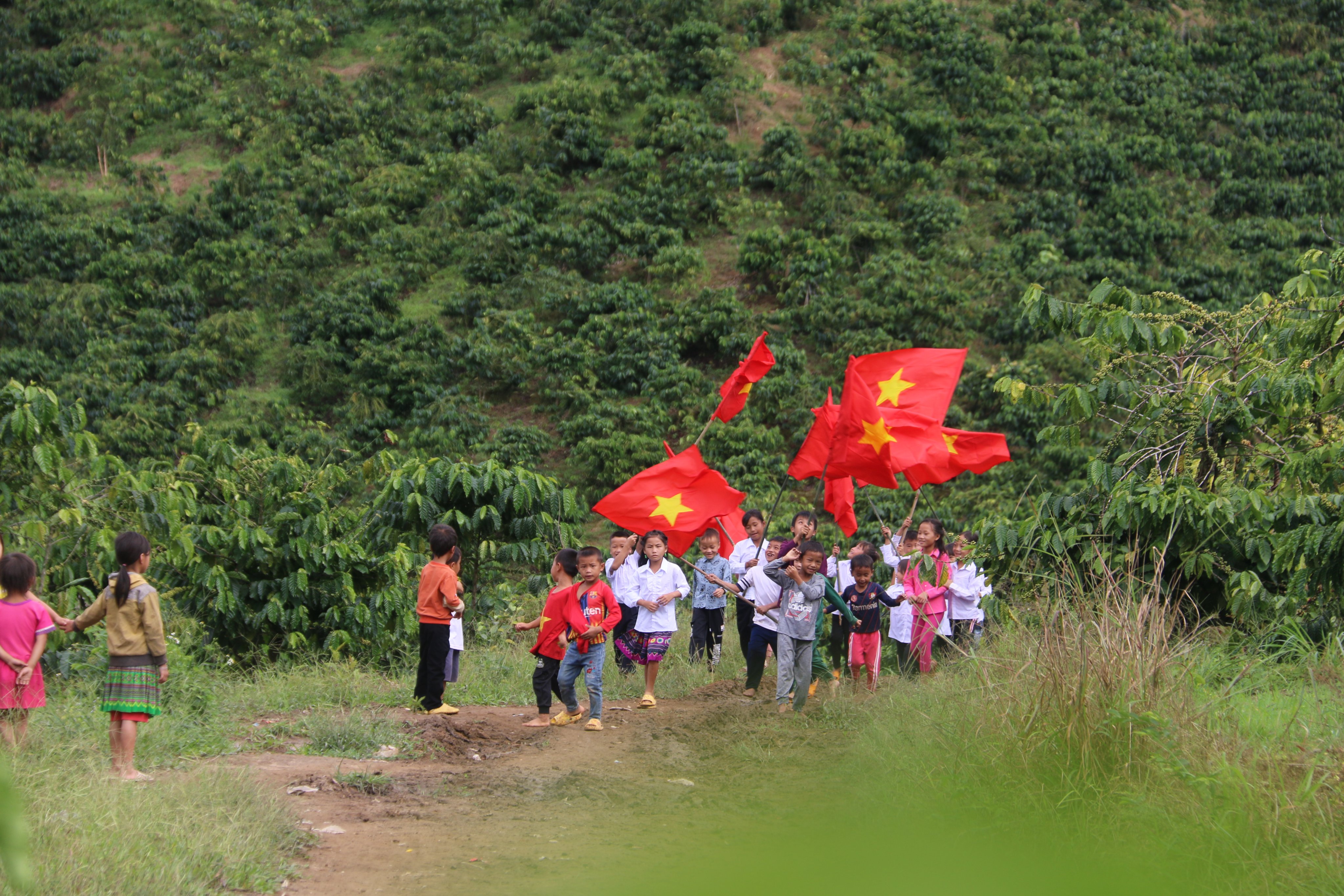 Students of La Van Cau Elementary School in Dak Nong Province wave national flags in celebration of the school opening, September 5, 2022. Photo: Tam An / Tuoi Tre