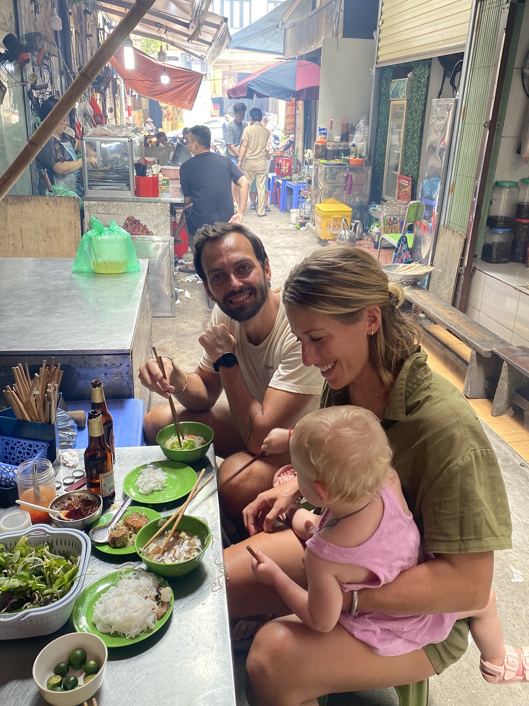 Kathryn Romeyn and her family enjoy 'bun cha' (noodle topped with grilled pork) while in Hanoi. Photo: Supplied
