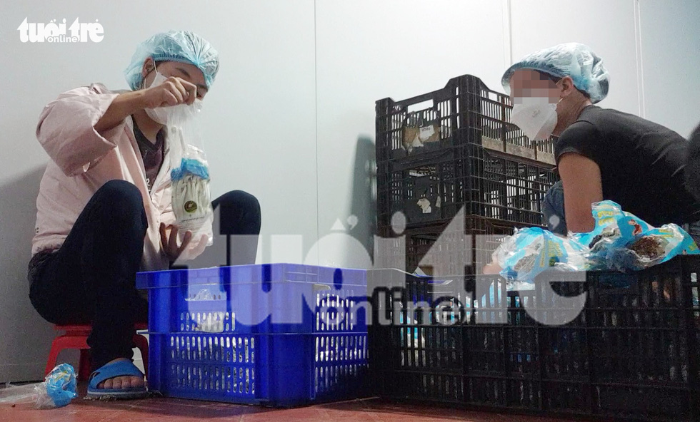 Workers replace the packaging of Chinese seafood mushrooms with plastic bags featuring a Dong A Trading and Production JSC logo. Photo: Bong Mai / Tuoi Tre