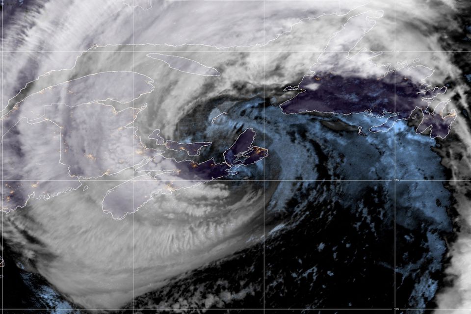 Hurricane Fiona makes landfall between Canso and Guysborough, Nova Scotia, Canada in a composite image from the National Oceanic and Atmospheric Administration (NOAA) GOES-East weather satellite September 24, 2022. Photo: NOAA/Handout via Reuters