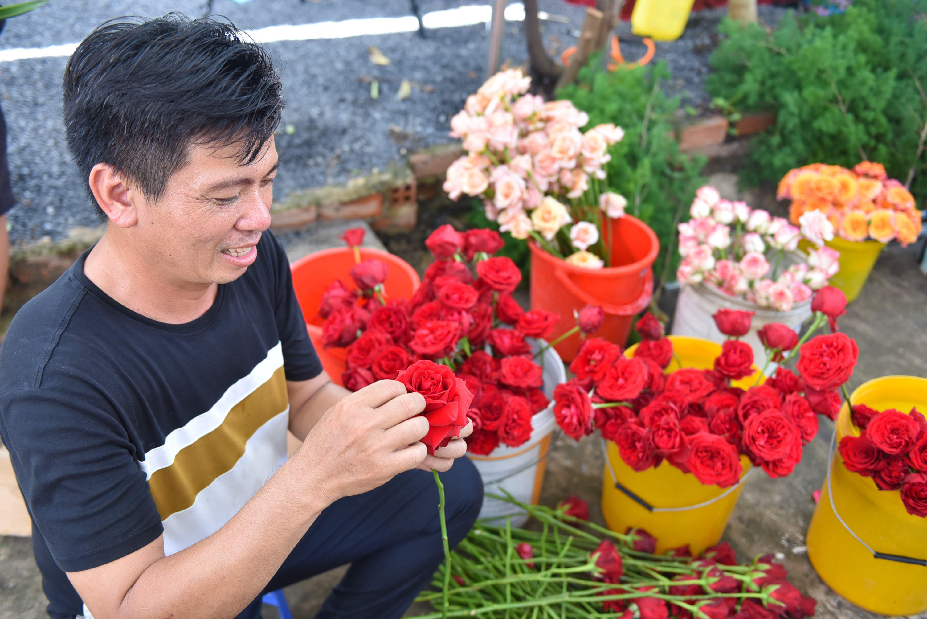 Tran Trung Hieu prepares roses for the last decoration step. Photo: Ngoc Phuong / Tuoi Tre News