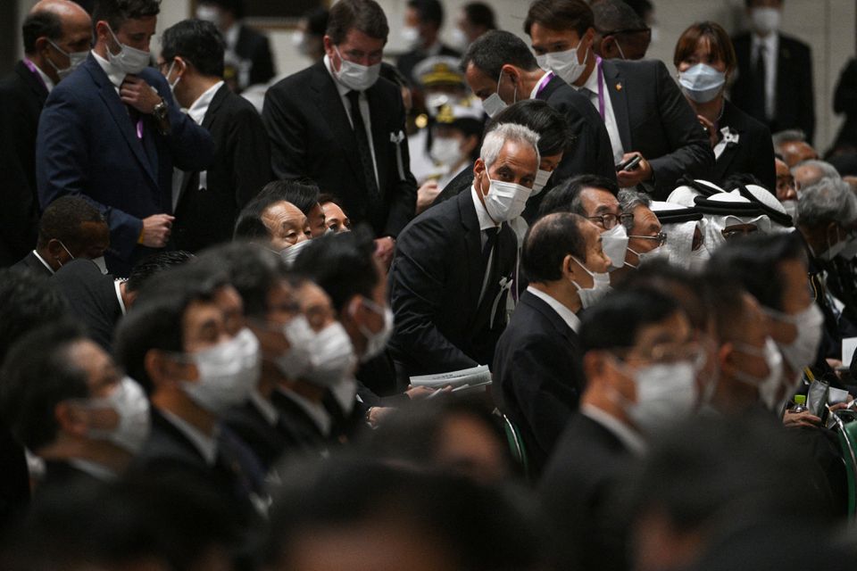 U.S. ambassador to Japan, Rahm Emanuel (C), takes his seat as he arrives for the state funeral of former Japanese prime minister Shinzo Abe at the Nippon Budokan in Tokyo on September 27, 2022. PHILIP FONG/Pool via Reuters