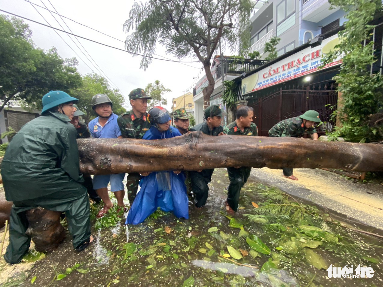 Officers remove an uprooted tree from a street in Quang Nam Province, Vietnam, September 28, 2022. Photo: B.D. / Tuoi Tre