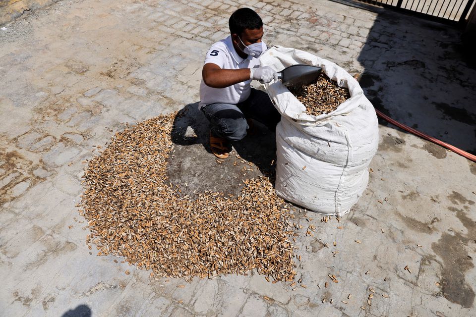 A worker scoops cigarette filter tips using a dustpan at a cigarette butts recycling factory in Noida, India September 12, 2022. Photo: Reuters