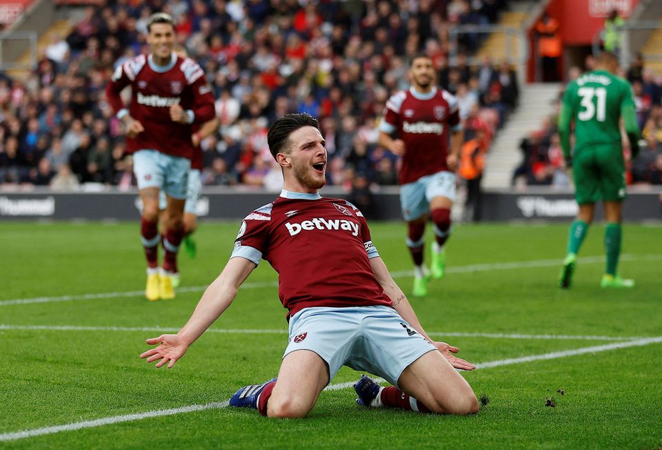 Soccer Football - Premier League - Southampton v West Ham United - St Mary's Stadium, Southampton, Britain - October 16, 2022 West Ham United's Declan Rice celebrates scoring their first goal. Photo: Reuters