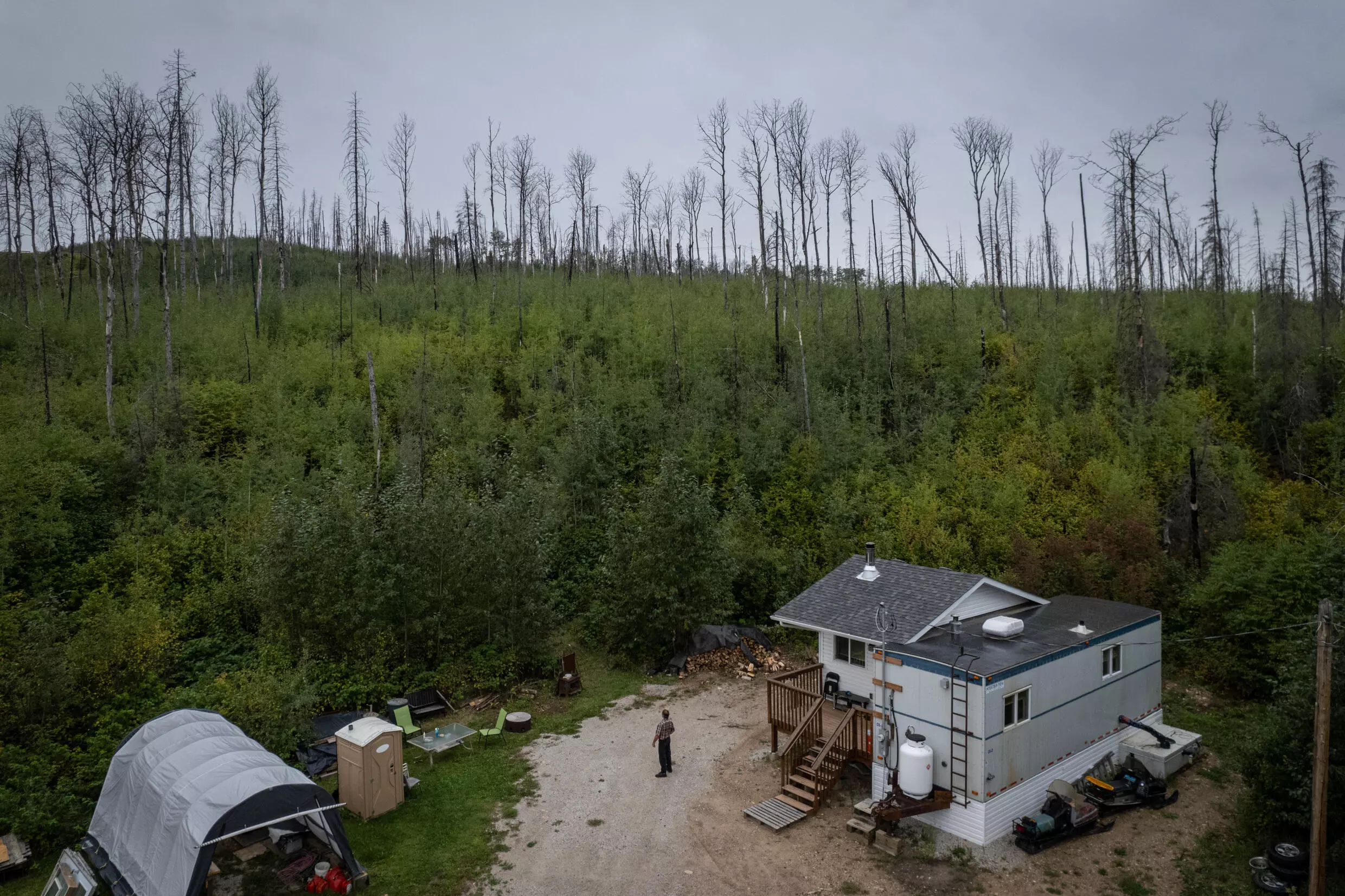 Harvey Sykes lost his home in the Fort McMurray wildfire in 2016; even today, dead trees dot the landscape where he rebuilt his house. Photo: AFP