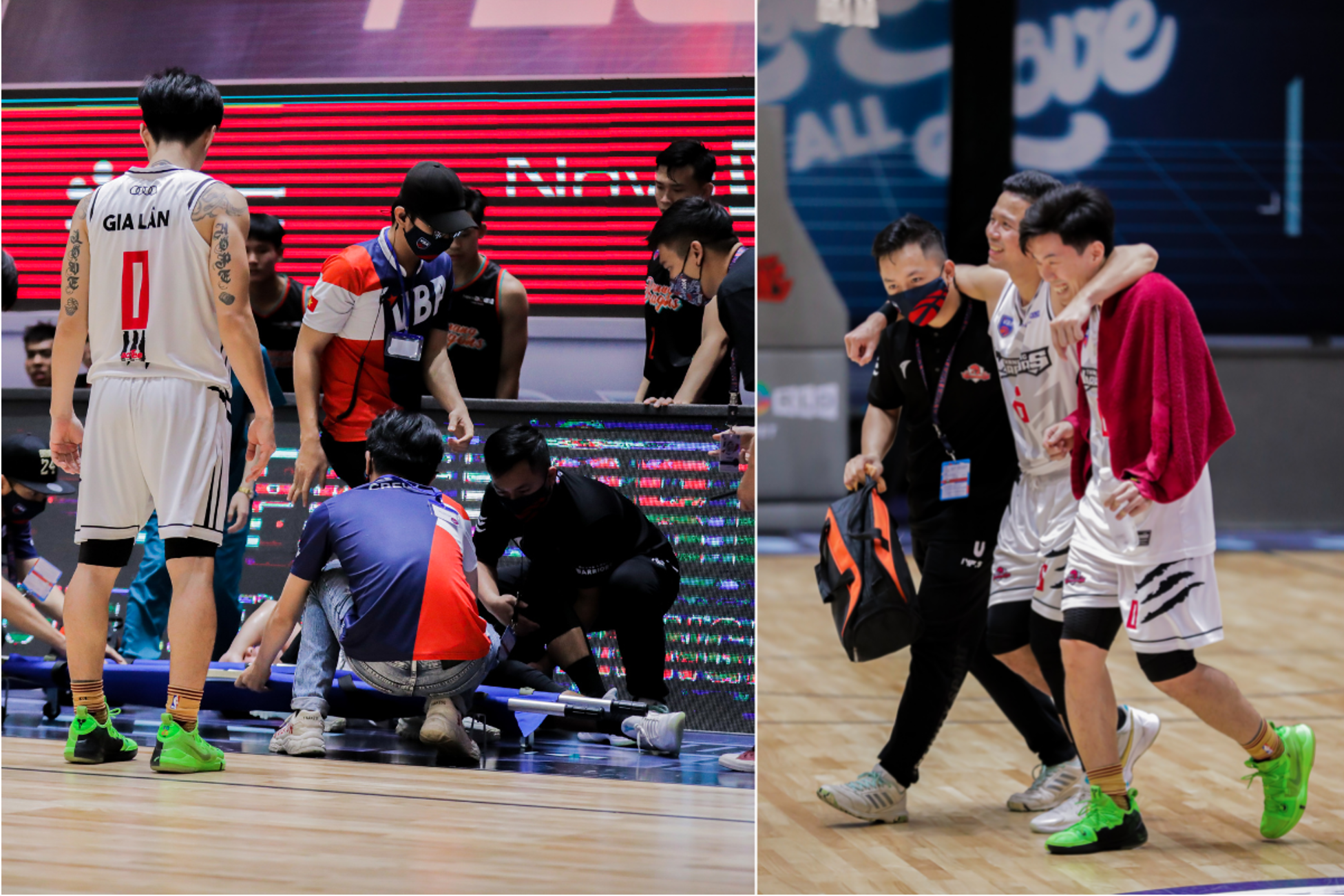 Truong Hoang Trung has to leave the court due to his injury. Photo: VBA