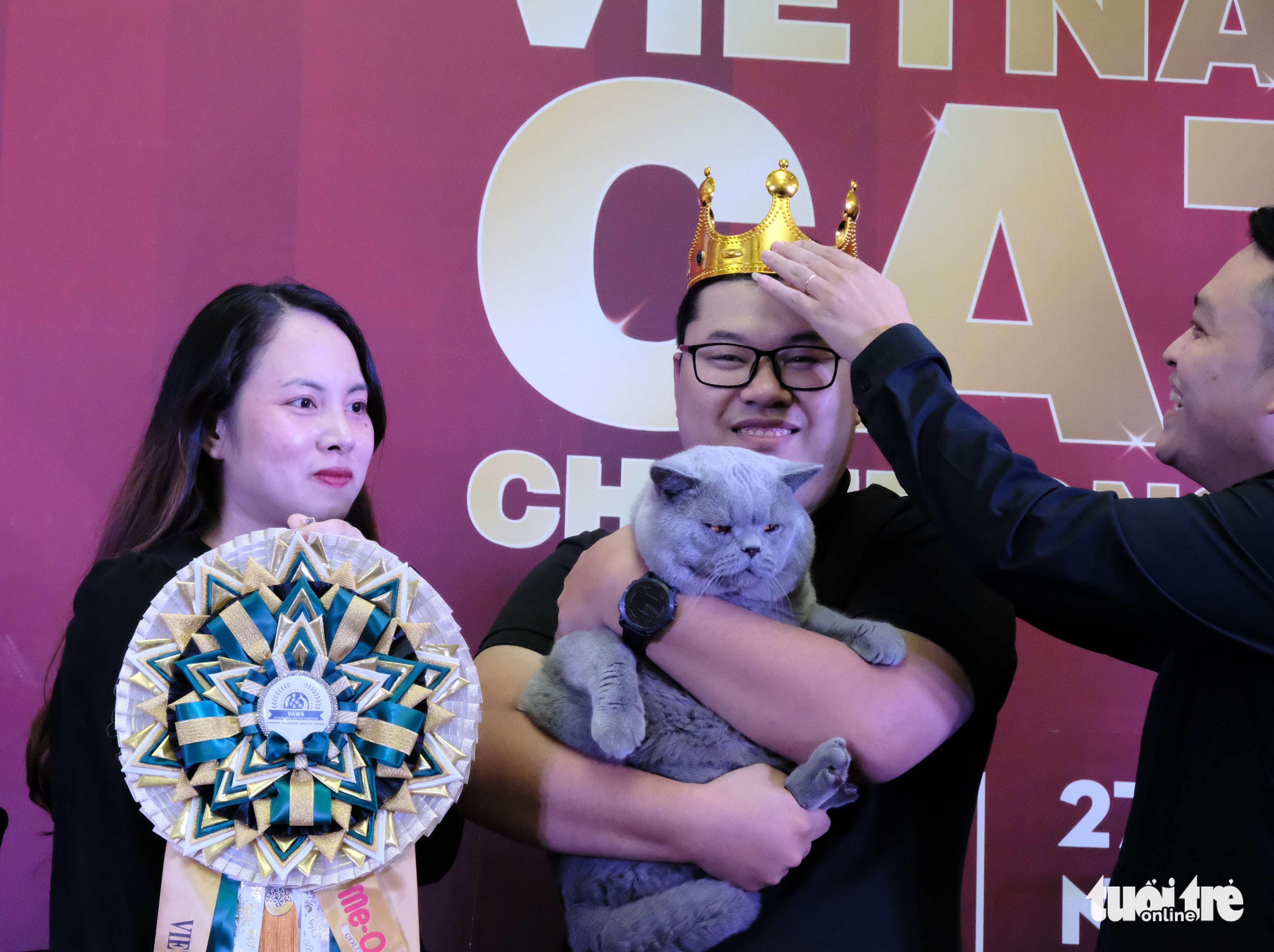 Pham Thi Bich Ngoc (L)’s British shorthair tomcat wins the award for the most beautiful cat at the Vietnam cat championship in Hanoi, November 27, 2022. Photo: Lam Ngoc / Tuoi Tre