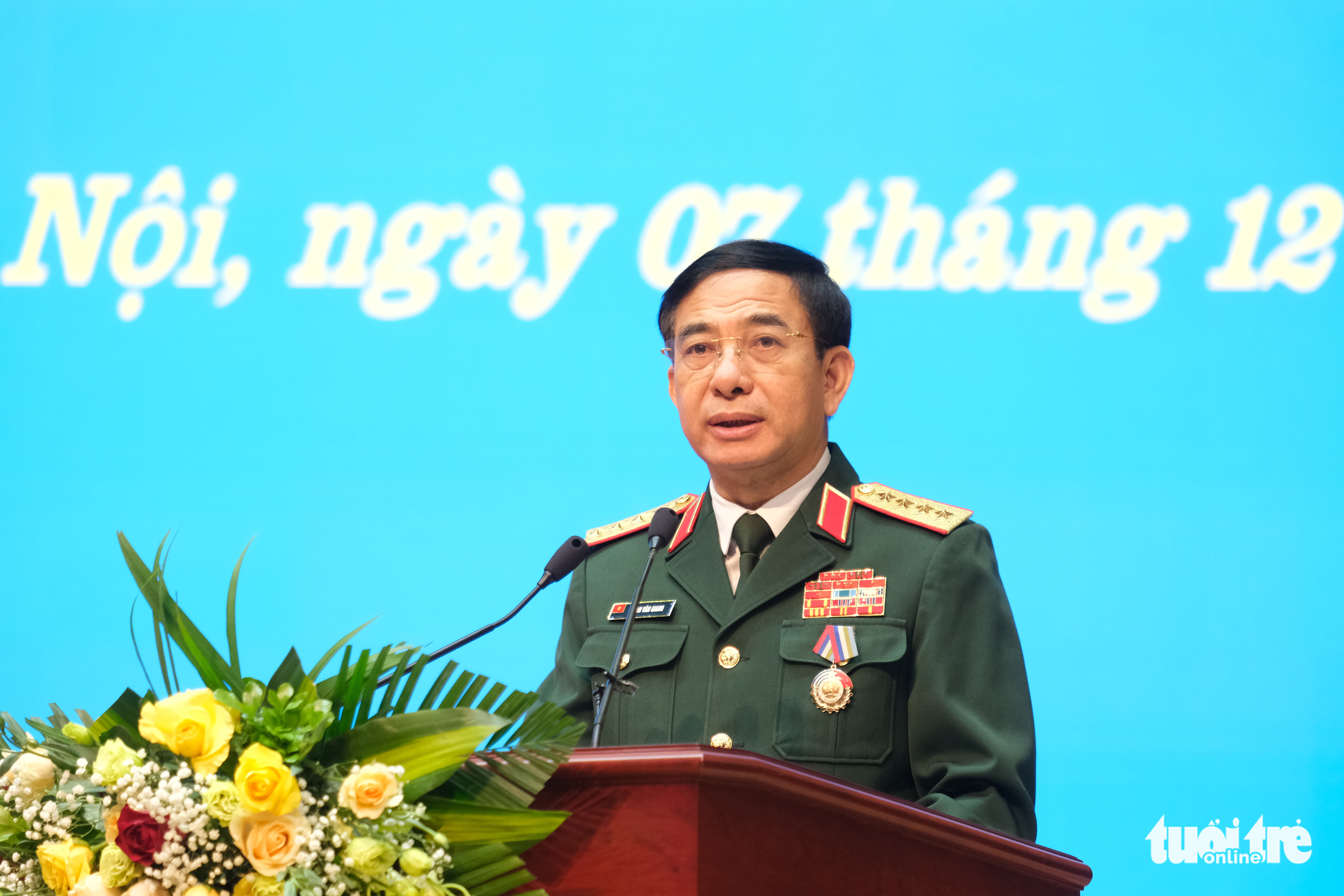 General Phan Van Giang – Politburo member, deputy secretary of the Central Military Commission, and Minister of National Defense – speaks at the ceremony in Hanoi, December 7, 2022. Photo: Ha Thanh / Tuoi Tre