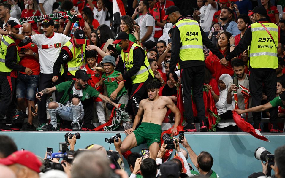 Soccer Football - FIFA World Cup Qatar 2022 - Round of 16 - Morocco v Spain - Education City Stadium, Al Rayyan, Qatar - December 6, 2022 Morocco's Abde Ezzalzouli celebrates with the fans after the penalty shootout as Morocco progress to the quarter finals. Photo: Reuters