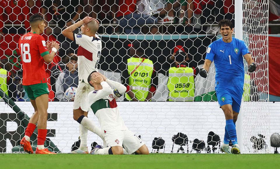 Soccer Football - FIFA World Cup Qatar 2022 - Quarter Final - Morocco v Portugal - Al Thumama Stadium, Doha, Qatar - December 10, 2022 Portugal's Pepe and Cristiano Ronaldo react after missing a chance to score. Photo: Reuters