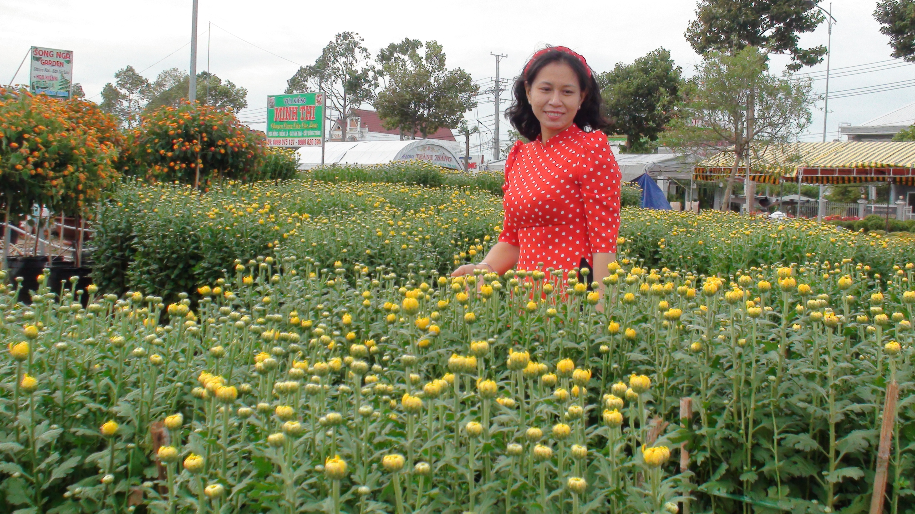 A woman poses with flowers while visiting Sa Dec City, Dong Thap Province, Vietnam. Photo: Dang Tuyet / Tuoi Tre