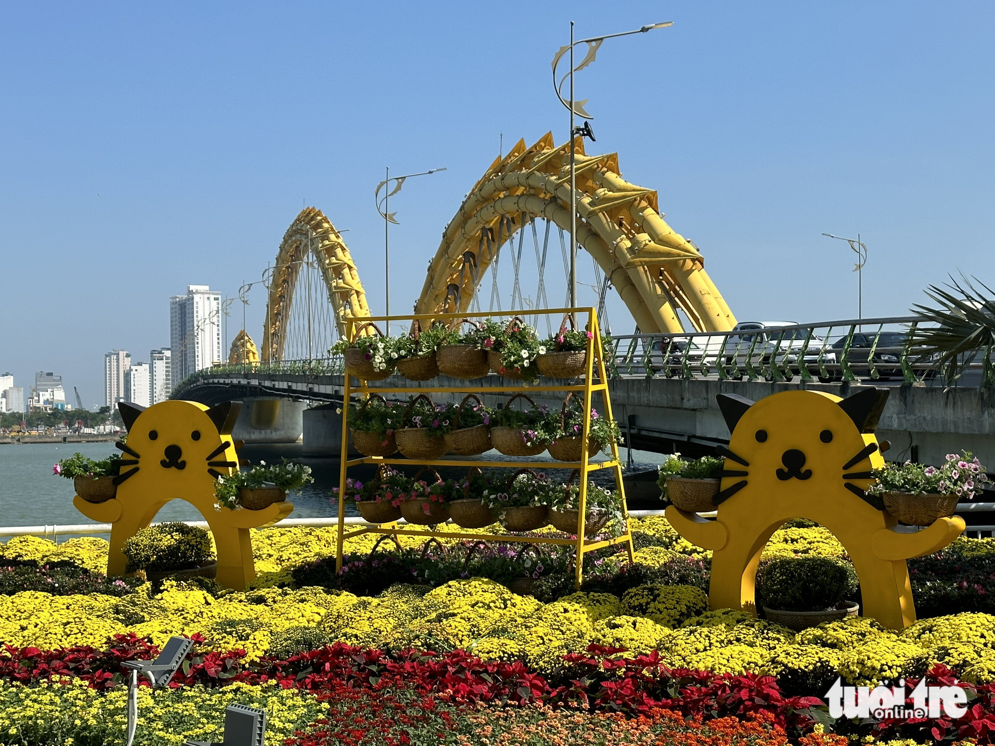 Cat statues with different shapes and sizes create a jubilant atmosphere on a bank of the Han River in Da Nang City. Photo: Moon Black / Tuoi Tre