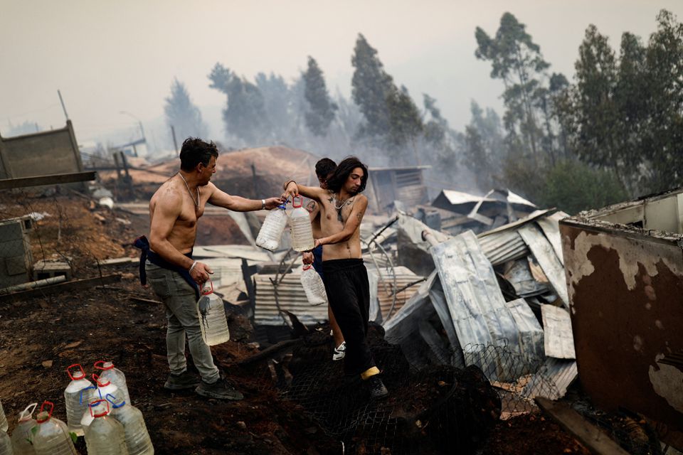 Residents try to extinguish fire as a wildfire burns part of rural areas in Tome, Chile, February 3, 2023. Photo: Reuters