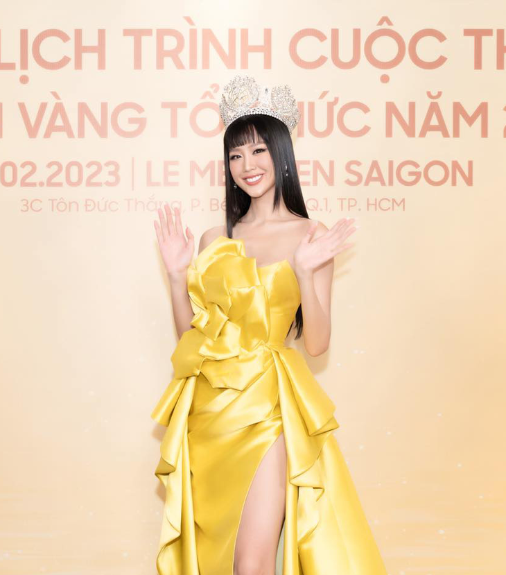 Le Nguyen Bao Ngoc, Miss Intercontinental 2022, attends the press conference for the Miss National Vietnam 2023 beauty pageant, February 5, 2023. Photo: Handout via Tuoi Tre