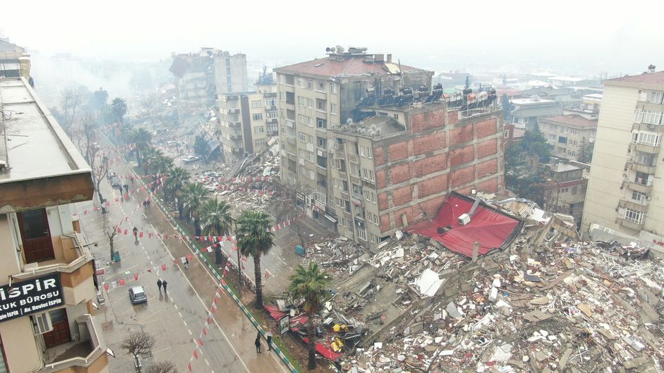 A general view shows damaged and collapsed buildings after an earthquake in Kahramanmaras, Turkey February 6, 2023. Ihlas News Agency (IHA) via Reuters