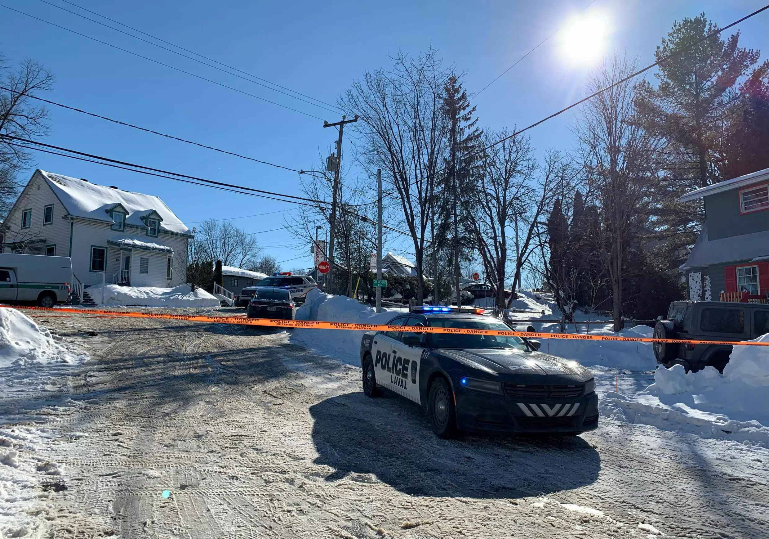 Police secure the scene where the bus crashed into a day care in the Montreal suburbs. Photo: AFP