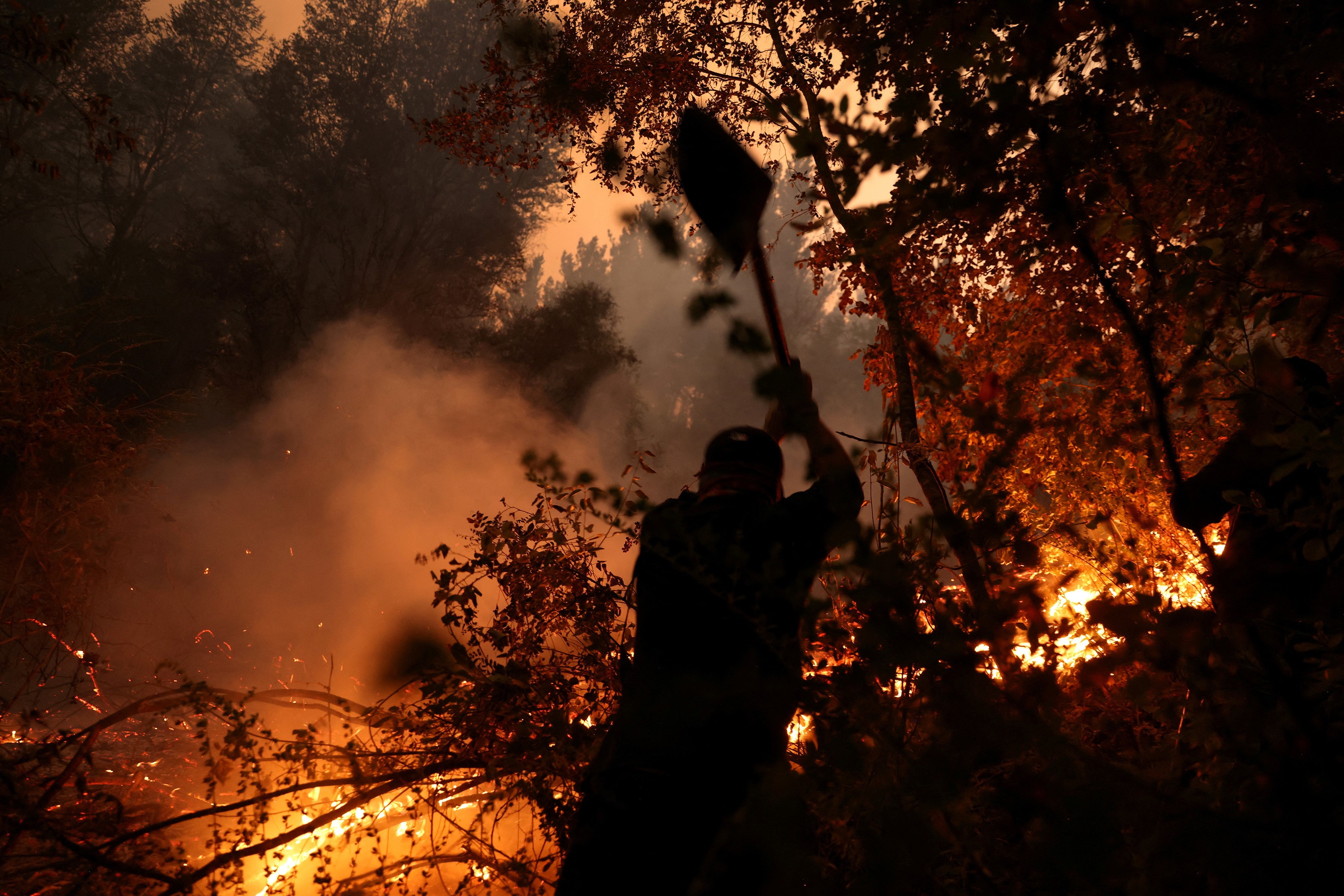 A local resident works to extinguish a wildfire in Nacimiento, Chile, February 7, 2023. Photo: Reuters