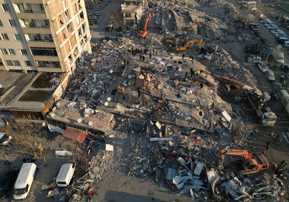 An aerial view shows collapsed building, in the aftermath of the deadly earthquake, in Kahramanmaras, Turkey, February 9, 2023. Photo: Reuters