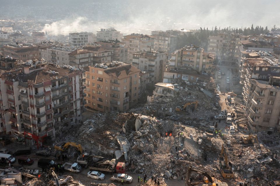 An aerial view shows damaged and collapsed buildings, in the aftermath of a deadly earthquake in Hatay, Turkey February 10, 2023. Photo: Reuters